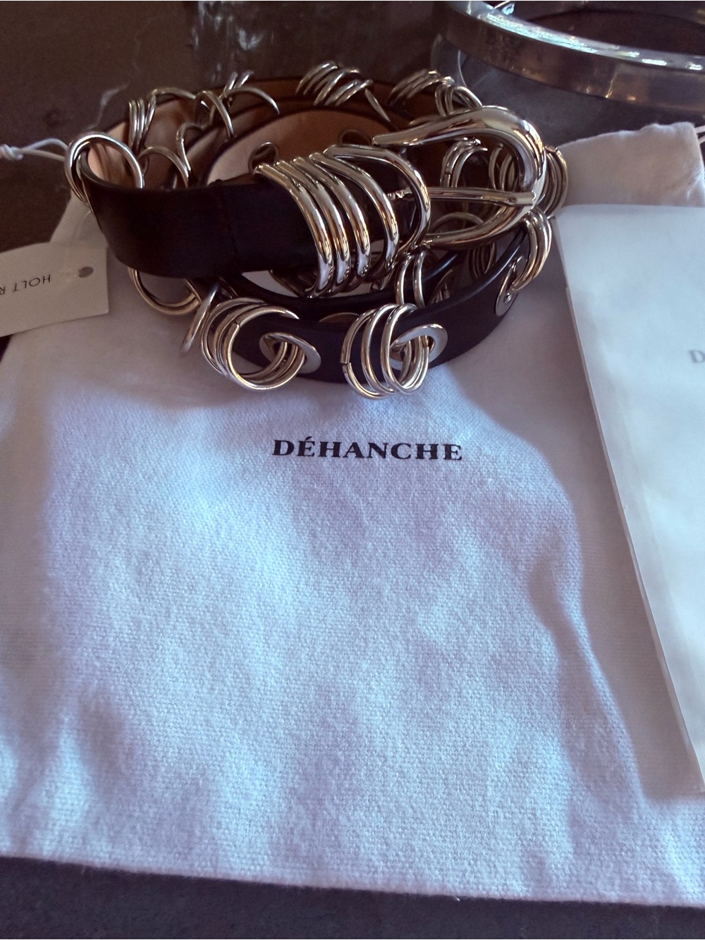 Déhanché Black Leather Belt with Silver Ring Accents
